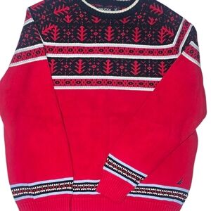 Nautica Men's 100% COTTON Fair Isle Nordic Sweater Crewneck Red Black Winter EUC